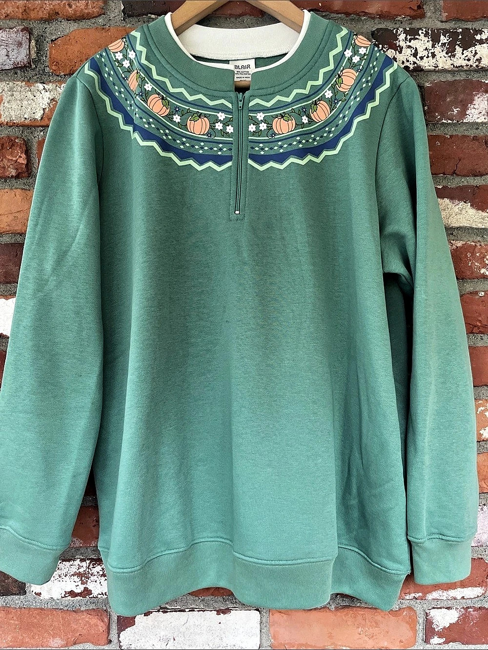 Blair Pumpkin Embroidered Quarter-Zip Sweatshirt mint Green & Blue Large Grandma